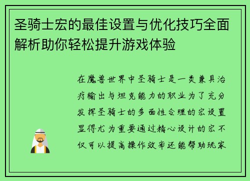 圣骑士宏的最佳设置与优化技巧全面解析助你轻松提升游戏体验 圣骑士宏的最佳设置与优化技巧全面解析助你轻松提升游戏体验